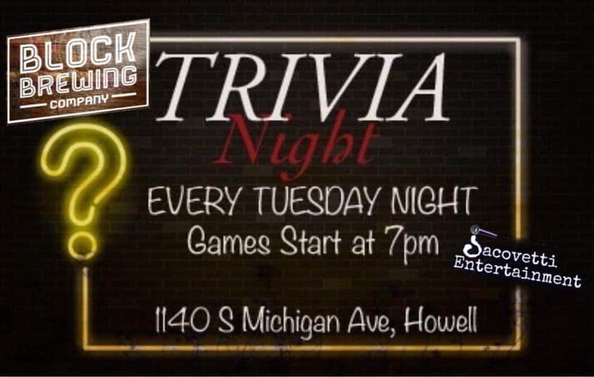 FREE trivia night at Block Brewing in Howell! Games start at 7pm with host Sean