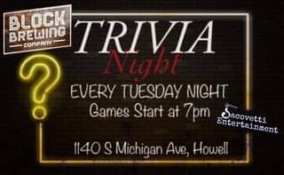 FREE trivia night at Block Brewing in Howell! Games start at 7pm with host Sean!